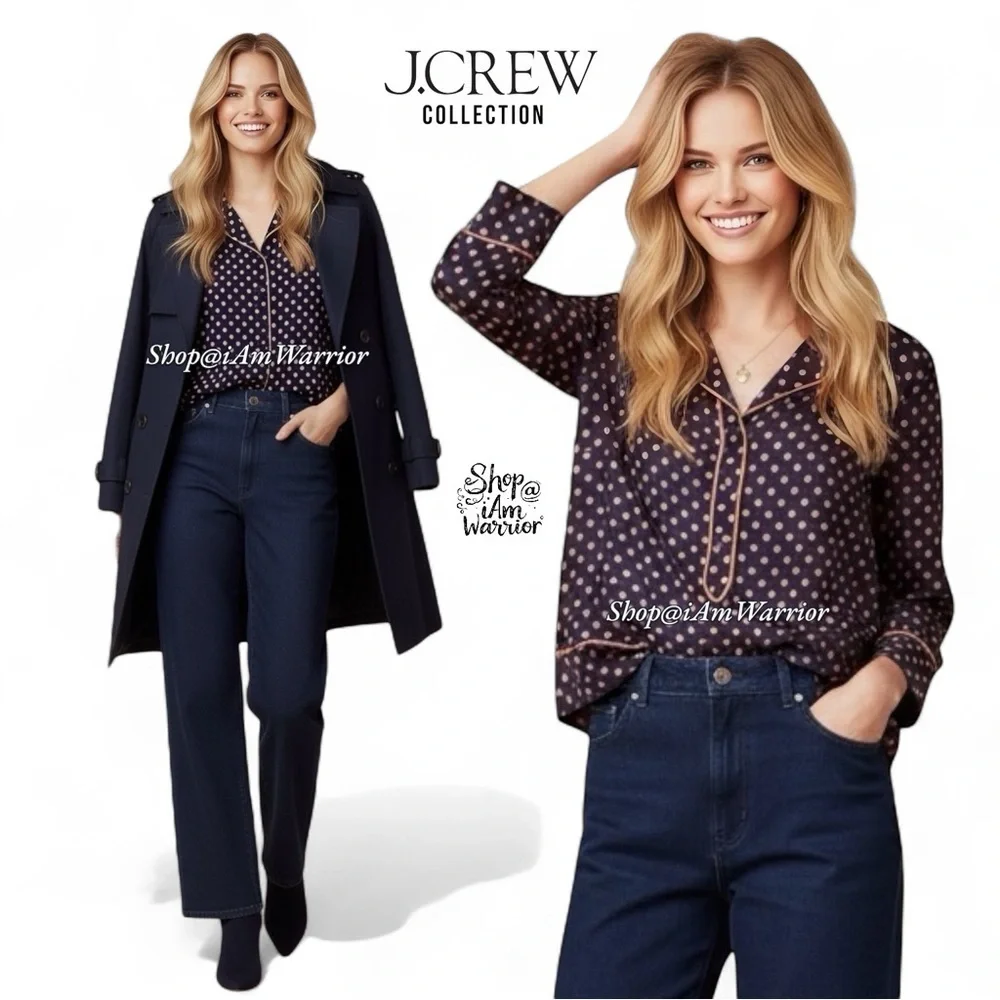 J.Crew Collection navy silk-twill polkadot pj style top *shop@iamwarrior